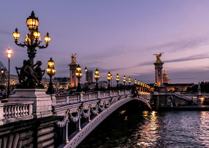 The Pont Alexandre III in Paris with its evening lights